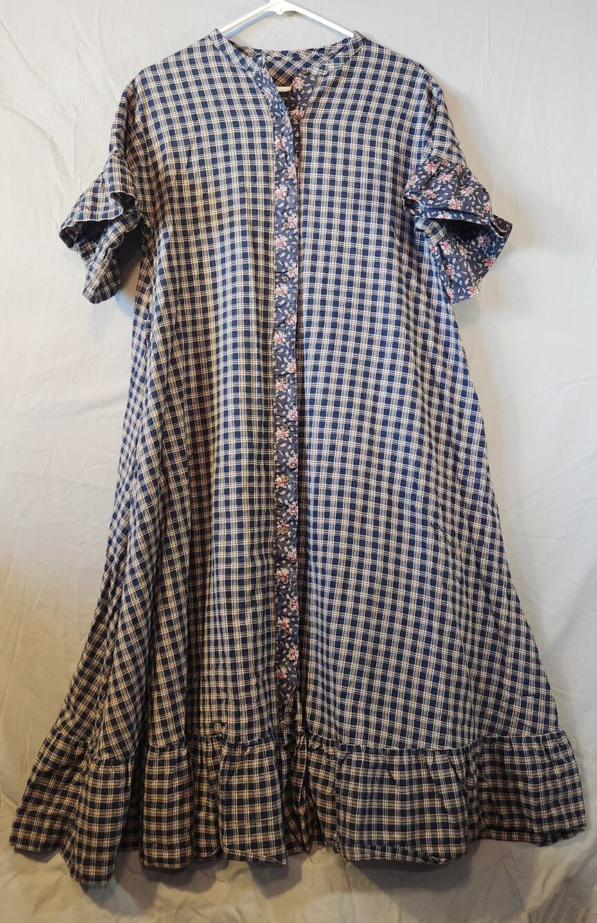 Vintage Prairie Dress Navy Plaid Floral Trim Cottagecore Maxi